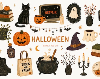 Cozy Halloween Clipart, Spooky Autumn Night PNG, Witchy Home Decor, Black Cat Ghost Pumpkin, Whimsical Fall Illustrations