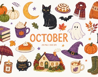 Hello October Clipart, Cozy Halloween & Autumn Lifestyle PNG, Witchy Black Cat and Pumpkin, Cottagecore Fall Journal Clipart, Spooky Season