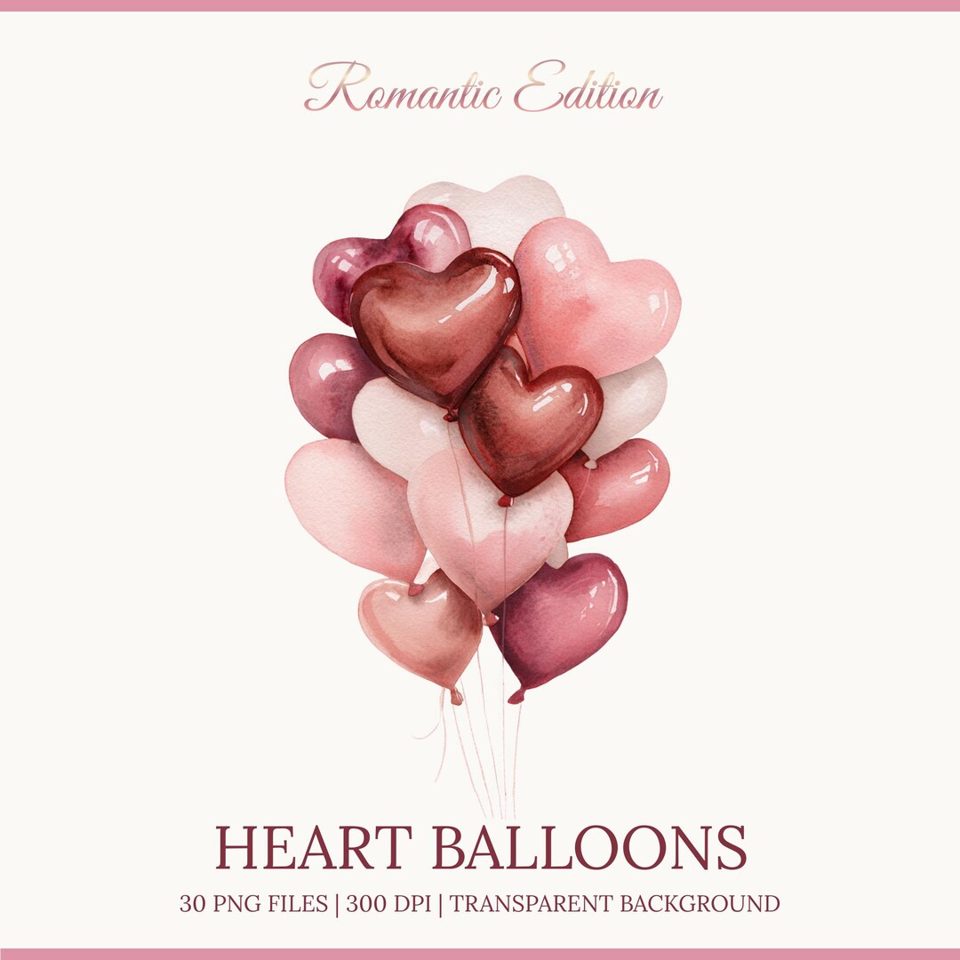 Valentine Heart Balloon PNG, Watercolor Clipart for Valentine Day ...