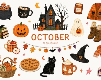 Spooky October Halloween Clipart, Cute Watercolor Fall Collection with Ghosts, Pumpkins, Black Cat & Witchy Autumn PNG