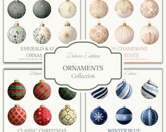 May include: A collection of Deluxe Edition Christmas ornaments in various colors and designs. The image features ornaments in emerald green, champagne, classic red, and winter blue. Each ornament has a unique pattern, including stripes, plaid, and floral designs. The text "ORNAMENTS Collection" is also visible.