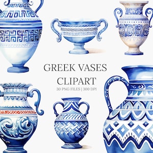 Ensemble de cliparts vases grecs – 30 PNG de poterie bleue | Aquarelle, céramique ancienne pour sublimation, créations manuelles, produits à imprimer