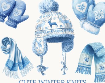 Lindos tejidos de invierno, gorro, bufanda y mitones en acuarela PNG, accesorios navideños acogedores, calcetines navideños