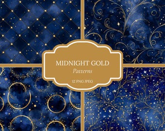 Blue Gold Digital Paper, Christmas Seamless Patterns, Gold Stars Paper, Elegant Winter Backgrounds, Scrapbook Paper Pack