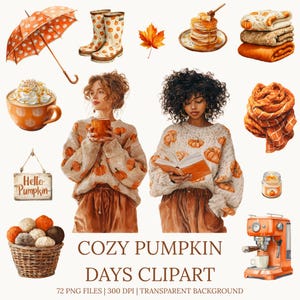 Watercolor Autumn Clipart, Cozy Fall PNG, Autumn fashion Girl Clip Art, Pumpkin Sweater Illustration, Hygge Clipart Set, Digital Download