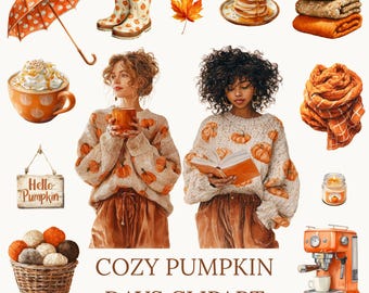 May include: A digital illustration featuring fall-themed elements. Includes an umbrella, rain boots, maple leaf, pancakes, blankets, a coffee cup, a sign that says "Hello Pumpkin", two people wearing pumpkin sweaters, a scarf, a candle, a basket of yarn balls, and an espresso machine.