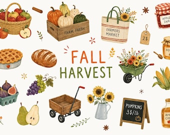 Fall Harvest Clipart, Farmers Market PNG, Pumpkin Patch, Apple Picking, Country Autumn, Farmhouse Fall, Thanksgiving Day