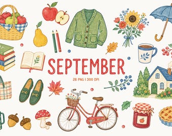 Hello September Clipart, Cozy Autumn Lifestyle PNG, Back to School & Apple Season, Cottagecore Fall Journal Clipart, Bicycle and Books