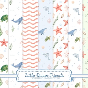May include: A collection of nine seamless digital patterns featuring watercolor illustrations of sea creatures including whales, dolphins, sea turtles, and starfish, alongside seashells, coral, seaweed, and bubbles, with the text Little Ocean Friends.