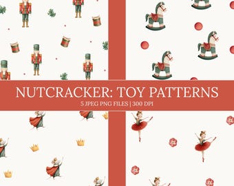 クリスマスのシームレスパターン、くるみ割り人形のデジタルペーパー、水彩画のホリデースクラップブック用紙、バレリーナとおもちゃの馬のパターンセット、PNG JPG