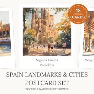 Spain Postcard Set, watercolor postcards, Spain travel art, Barcelona Madrid, printable travel greeting card, Spain souvenirs, download