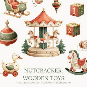 Cute Wooden Toys Clipart, Nutcracker Christmas Carousel, Rocking Horse, Yo-Yo & Blocks