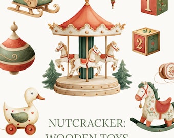 Cute Wooden Toys Clipart, Nutcracker Christmas Carousel, Rocking Horse, Yo-Yo & Blocks