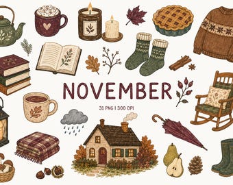 Hello November Clipart, Cozy Autumn Home PNG, Cottagecore Fall Lifestyle, Hygge Journal Clipart, Tea Time & Book Lover, Thanksgiving Season