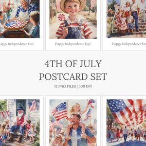 Set de postales del 4 de julio: acuarelas de estadounidenses y su vida patriótica. Tarjetas imprimibles de EE. UU.: recuerdos del Día de la Independencia. Descarga digital.