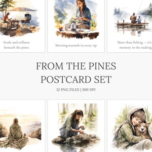 Jeu de cartes postales de camping | Scènes de la nature à l'aquarelle rustique | From the Pines – Cartes imprimables