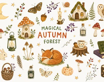 Magical Autumn Forest Clipart, Enchanted Woodland Animals, Whimsical Fall, Mushroom Cottagecore, Fairytale Botanicals