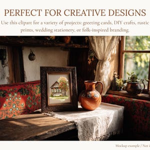 May include: A framed watercolor painting of a house with a tree, a brown ceramic pitcher, and a white lace tablecloth. The image includes the text "PERFECT FOR CREATIVE DESIGNS".