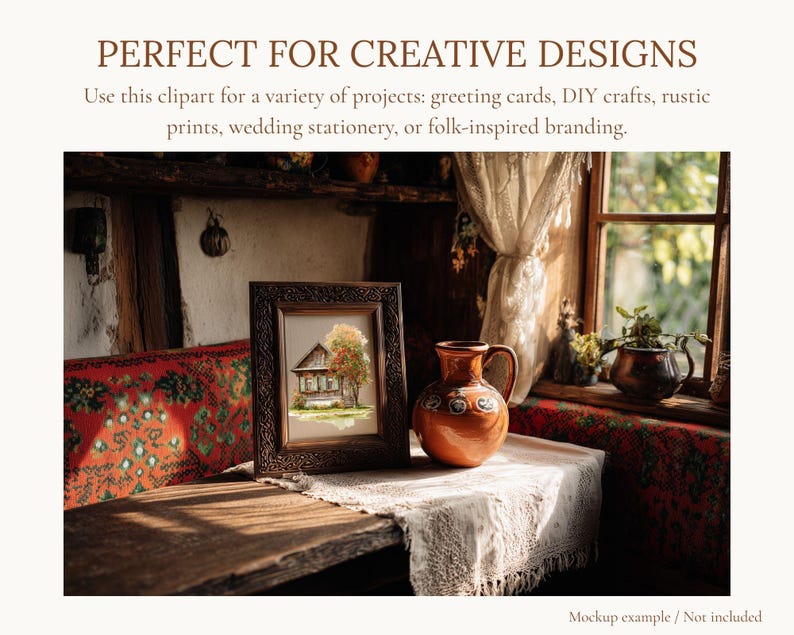 May include: A framed watercolor painting of a house with a tree, a brown ceramic pitcher, and a white lace tablecloth. The image includes the text "PERFECT FOR CREATIVE DESIGNS".