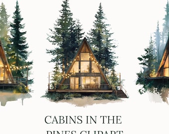 Imágenes prediseñadas de cabaña en el bosque en acuarela: Casa con estructura en forma de A PNG (Descarga digital)