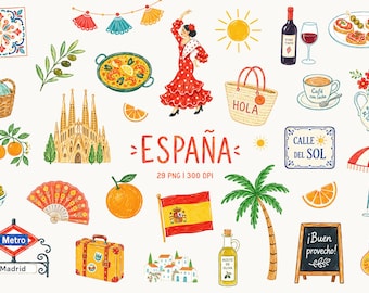 Spain Clipart, Spanish Summer PNG, Barcelona Madrid Art, Flamenco Dancer, Paella Food, Mediterranean Travel Graphics