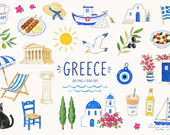 Greece Clipart, Greek Summer PNG, Santorini Travel Art, Mediterranean Vacation, Athens Mykonos, Greek Islands Graphics