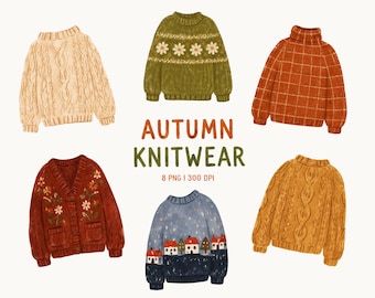 Autumn Knitwear Clipart, Cozy Sweater PNG, Vintage Cardigan & Knitted Jumper, Cottagecore Fall Fashion, Cozy Autumn Wardrobe Clipart