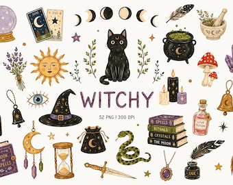 Witchcore Clipart, Witchy Watercolor Magic PNG, Halloween Spellbook Elements, Celestial Occult Illustrations