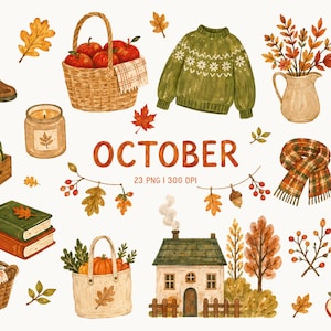 May include: A collection of watercolour illustrations featuring autumn items including brown rain boots, a basket of apples, a green sweater, a floral mug, a pumpkin crate, a candle, a scarf, a kettle, books, a house, and a slice of apple pie with the text OCTOBER 23 PNG 300 DPI.