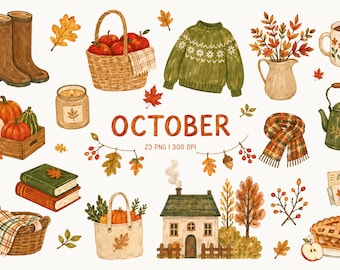 October Days Clipart, Cozy Fall Watercolor PNG, Cottagecore Country Living, Autumn Harvest Journal Clipart, Sweater Weather & Cozy Home