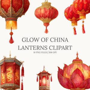 Glow of China – Chinesische Laterne Clipart | Rot & Gold Aquarell Laternen PNG | Neujahrsfest, Oriental Festival, asiatisches Dekor, Hochzeit