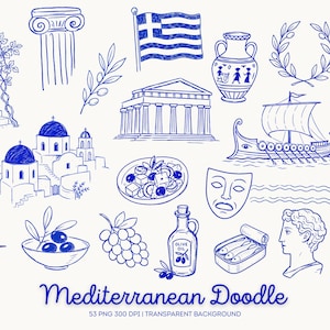 Paquete de garabatos mediterráneos, imágenes prediseñadas de la costa griega, arte lineal de Santorini en formato PNG, iconos de viaje