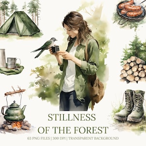 Camping Clipart, Forest Watercolor PNG, Hiking Clip Art, Outdoor Nature Clipart, Rustic Tent Lantern Boots Campfire PNG Set
