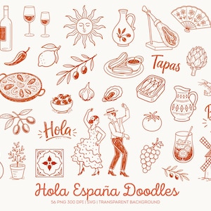 May include: A collection of terracotta-colored line art doodles featuring Spanish cultural icons including a guitar, paella, flamenco dancers, a bull, a windmill, and the text Hola, Tapas, and Buenos días, arranged on a plain background.