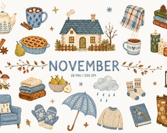 Cozy November Clipart, Late Autumn Watercolor Collection with Rainy Day, Cottagecore Home, Sweater Weather & Journal PNG