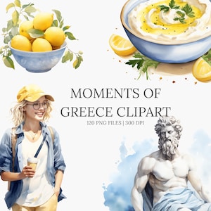 Könnte beinhalten: Aquarell-Clipart-Set mit dem Titel "Moments of Greece Clipart" mit einer Schüssel mit Zitronen, einer Schüssel mit Essen, einer Frau und einer Statue. Das Set enthält 120 PNG-Dateien mit 300 DPI.