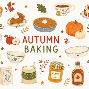 Könnte beinhalten: Eine Sammlung von Herbstback-Illustrationen mit Kuchen, Keksen, einer Zimtschnecke, Kürbissen, einem Schneebesen, einem Nudelholz, einer Mehltüte, einem Honigglas, Ahornsirup und einem Ofenhandschuh, mit dem Text AUTUMN BAKING in Rot und Grün.