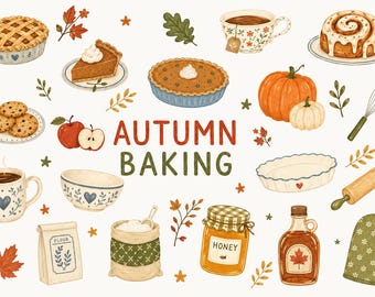 Cozy Autumn Baking Clipart Set, Fall Kitchen & Bakery Illustrations, Pumpkin Pie, Cinnamon Rolls, Cottagecore PNG
