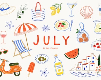 Italian Summer Clipart, Dolce Vita PNG, Amalfi Coast Art, Limoncello Clipart, Beach Vacation