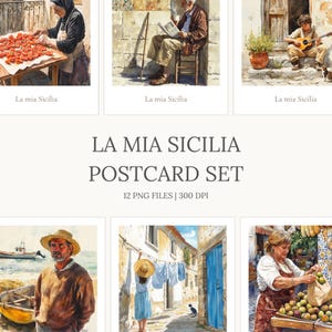 Conjunto de cartões postais da Itália — Povo italiano em aquarela e a vida na Sicília — Lembranças italianas para imprimir — Cartões de diário de viagem — Download digital