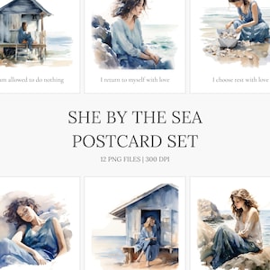 Cartes postales d'affirmation de la plage | imprimables inspirées des soins personnels et de la thérapie | Elle au bord de la mer – Coffret numérique