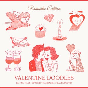 May include: Red and white Valentine's Day doodles. The image includes an angel, diamond, cupcake, candle, heart, bow and arrow, wine glasses, kissing couple, and a giraffe holding a heart balloon. Text reads "Romantic Edition" and "VALENTINE DOODLES".