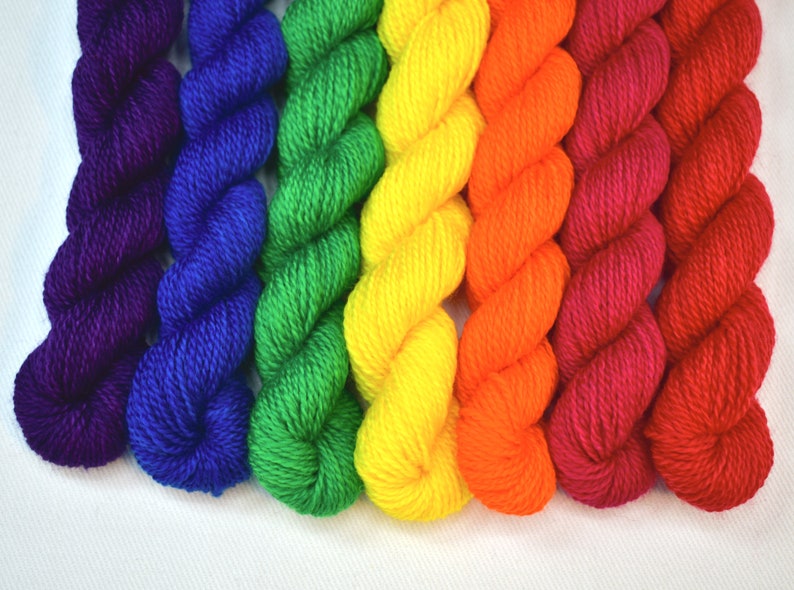 Mini Skeins Rainbow Set of 7 Hand Dyed Light Fingering/Heavy Lace Weight Yarn 100% Superwash Merino Wool image 1