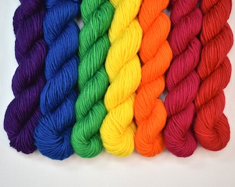 Mini Skeins Rainbow - Set of 7 - Hand Dyed DK Weight Yarn - 100% Superwash Merino Wool