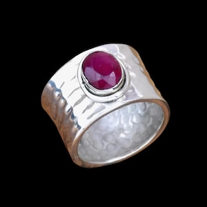 Indian Ruby Ring, 925 Silver Ring Statement Ring, Hammered Ring, Wide Band Ring, Women&#39;s Ring, Wedding Ring, Bohemian Ring Gift for Her