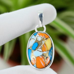 Spiny Oyster Copper Turquoise Pendant 925 Sterling Silver Pendant Natural Oyster Gemstone Pendant Handmade Statement Jewelry Gift For Women