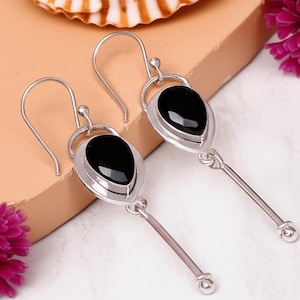 Black Onyx Gemstone 925 Sterling Silver Earring, Handmade Earring, Black Stone Earring For Women, Onyx Jewelry For Mom, Earring For Gift