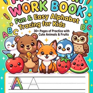 Può includere: Un quaderno di lavoro per bambini intitolato "MY KAWAII WORK BOOK" con il testo "Fun & Easy Alphabet Tracing for Kids". La copertina presenta animali e frutta dei cartoni animati, tra cui un orso, una volpe, un pinguino, un gufo, una mela, una fragola e un'anguria.