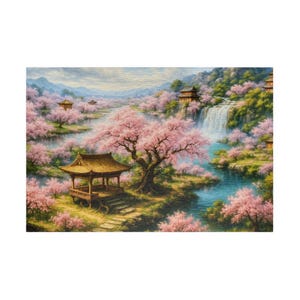 Cherry Blossom Landscape Puzzle 252 520 1014-piece | Tranquil Pagoda Waterfall Scene