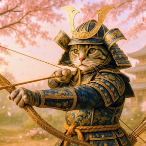 Puede incluir: Un gato atigrado vestido como un guerrero samurái, con un casco y una armadura azules y dorados, sostiene un arco y una flecha dorados. El gato está de pie frente a un cerezo en flor rosa y una pagoda.